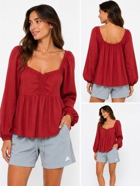 Old Navy Burgundy Peasant Blouse with Puff Sleeves